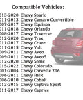 Chevy vehicle compatibility list for antenna delete cap next to a red car rear view
