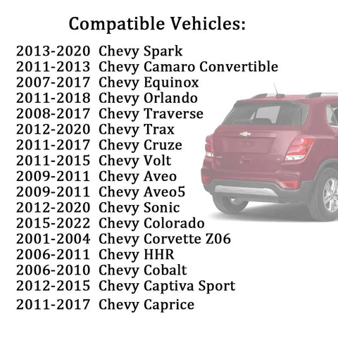Chevy vehicle compatibility list for antenna delete cap next to a red car rear view
