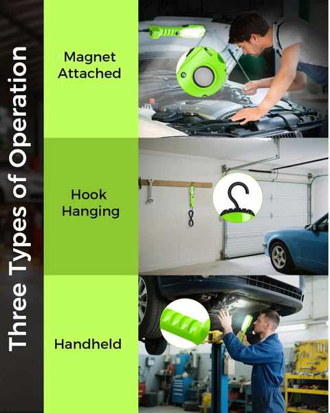 18W COB LED Work Light With 15ft Cord, 2000 Lumens Handheld Underhood Trouble Light in magnet, hook, and handheld use
