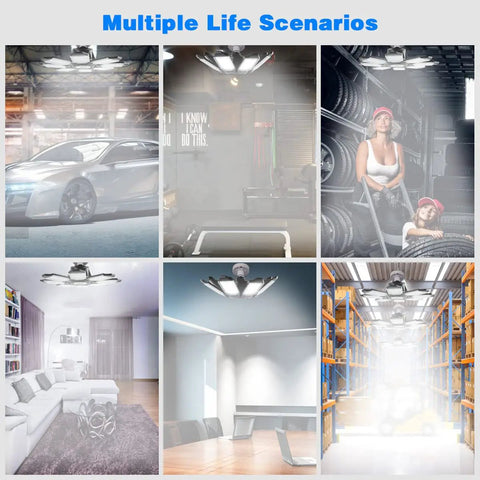Ultra Bright 200W LED Garage Light With 8 Adjustable Panels For E26 E27 Sockets in various settings like garage, attic, and shop.