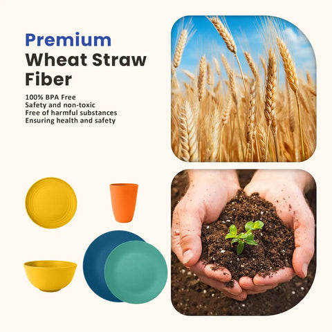 Image showing wheat straw fiber, eco-friendly dinnerware, and plant growth, highlighting 40 Piece Wheat Straw Dinnerware Set For 8 Unbreakable Plates And Bowls Includes 10 Inch Dinner Plates 9 Inch Dessert Plates 6 Inch Kids Plates 26 Oz Bowls 12 Oz Cups Low Maintenance Dishwasher And Microwave Safe Multi.