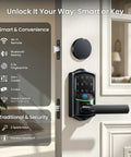Slick WiFi Smart Lever Lock With Nonkeyed Deadbolt Matte Black For Front Door Security showing keypad and lever handle.