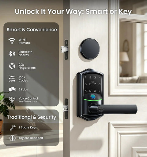 Slick WiFi Smart Lever Lock With Nonkeyed Deadbolt Matte Black For Front Door Security showing keypad and lever handle.