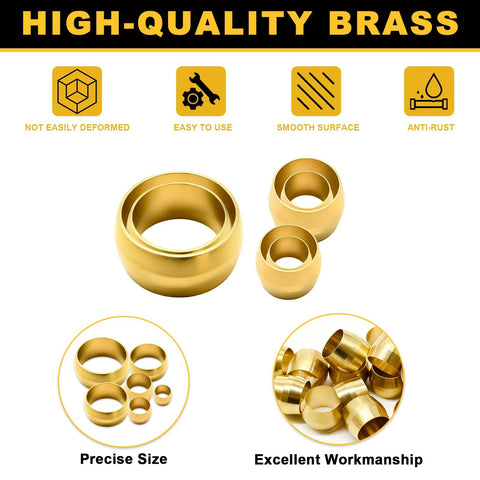 Front view brass compression sleeves ferrules set, 25 pcs for 5/8 in tube, gold finish for hose/lines