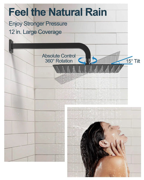GRANDJOY Dual Rainfall Shower System, 3-Function, Matte Black with 12" rainfall shower head in action.
