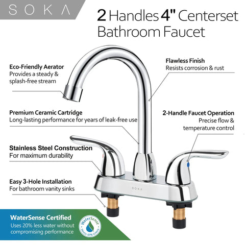 Two Handle Centerset Bathroom Faucet With High Arc Stainless Steel Spout Deck Plate And Pop Up Drain For 3 Hole Install Chrome Finish