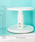 Game Changer Two Tier Height Adjustable Lazy Susan Turntable With Smooth 360 Swivel For Kitchen Cabinet And Pantry Organization And Quick Access Storage In White, 10.5" squared, 8.9" height.