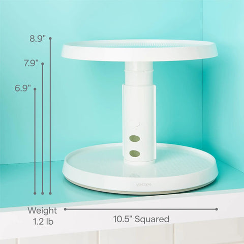 Game Changer Two Tier Height Adjustable Lazy Susan Turntable With Smooth 360 Swivel For Kitchen Cabinet And Pantry Organization And Quick Access Storage In White, 10.5" squared, 8.9" height.