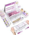 14 Piece Clear Drawer Organizer Set With 3 Adjustable Bin Sizes Acrylic Storage Bins For Makeup Cosmetics Kitchen Utensils And Gadgets Keeps Drawers Neat Easy To Find In Bedroom Office Or Kitchen, shown with cosmetics and brushes.