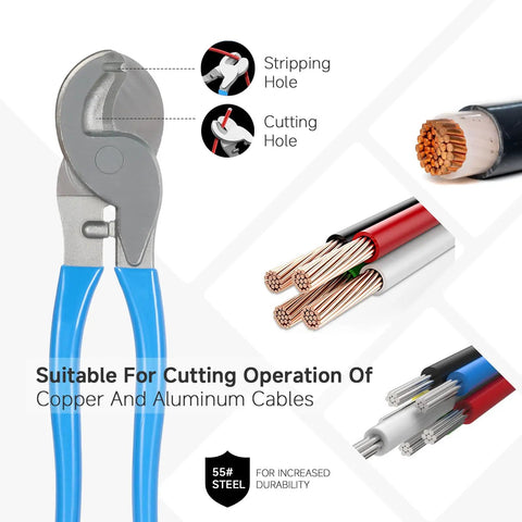Knockout 10 Ton Hydraulic Crimper Kit With Cable Cutter Plus Nine Chromed Hex Dies For Electrical Terminals Wire Rope Brings Dead Nuts Grip And No Sweat Operation with stripping and cutting holes.