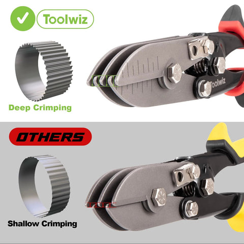 Toolwiz 5-blade sheet metal crimping tool, front view; for 24-26 gauge HVAC duct, deep crimping