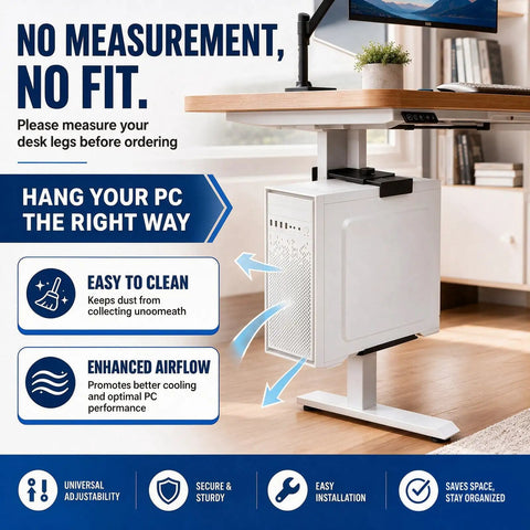 Under Desk PC Mount Adjustable Clamp On Computer Tower Stand with easy clean and airflow features, ideal for organized desktops.
