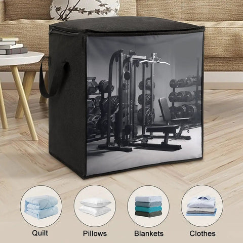 70L Gym Equipment Storage Bag With Zippers And Handle in a room setting, extra large bedding and comforter organizer, black fabric bag