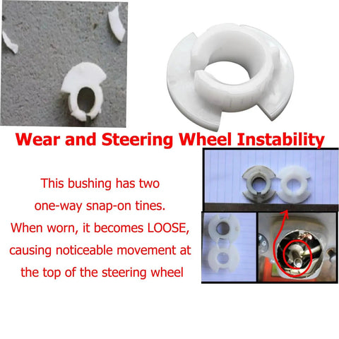 2 Pack Steering Bushing Replacement For Lawn Tractor Fits 3/4 Inch And 5/8 Inch Steering Shafts Black For Large Shaft White For Small Shaft Heavy Duty Mower Steering Bushings Set, white plastic bushing shown