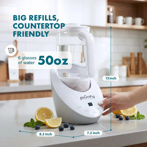Three In One Hydrogen Water Generator Pitcher With Hydrogen Infusion Magnetic Vortex Structured Water Calcium Sulfite Filter SPE PEM Tech BPA Free Tritan 50 Ounce Capacity Game Changer H2O Boost standing on kitchen counter.