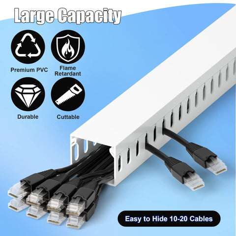66 Inch Open Slot Cable Management Raceway Kit for under desk setup with network cords, includes four L16.5 inch raceways, PVC white.
