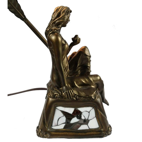Close-up of girl figurine base of Lily Flower Tiffany Style Stained Glass Table Lamp, highlighting vintage design details.