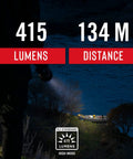 G26 415 Lumen Bulls Eye Spot Beam LED Flashlight illuminating distant boat at night, showcasing 134m distance beam
