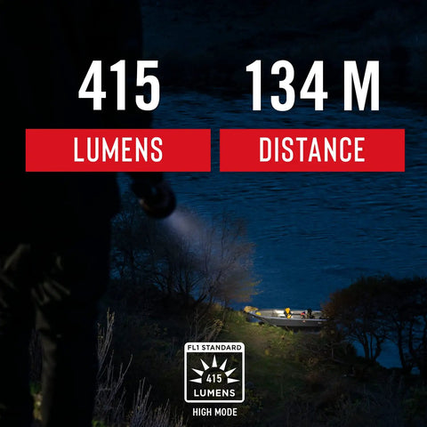 G26 415 Lumen Bulls Eye Spot Beam LED Flashlight illuminating distant boat at night, showcasing 134m distance beam