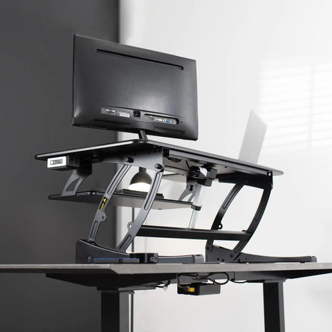 Electric Height Adjustable Desk Converter With Sit To Stand Function And Dual Monitor Riser 42 Inch Workstation
