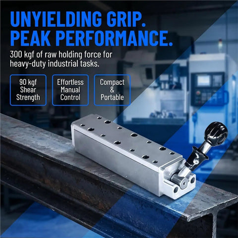 Beefy 300kgf Magnetic Welding Base Clamp With On Off Switchable Handle for positioning iron plates in workshop.