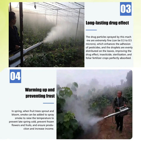 Person using Portable 15L Thermal Fogging Machine With Pulse Jet Power, 360 Degree Sprayer For Agriculture in greenhouse.