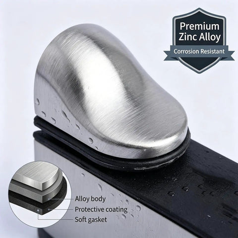 Close-up of 4 Pack Zinc Alloy Brushed Duckbill Glass Shelf Clamps with corrosion-resistant coating and soft gasket
