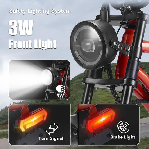 Beast 1500W Fat Tire Electric Bike For Adults With 48V 18Ah Removable Battery 20 Inch MTB Ebike Delivers 32 MPH Top Speed And 68 Plus Mile Range 7 Speed All Terrain Mountain Ride For Men And Women In Orange Red with focus on 3W front light and turn signals.