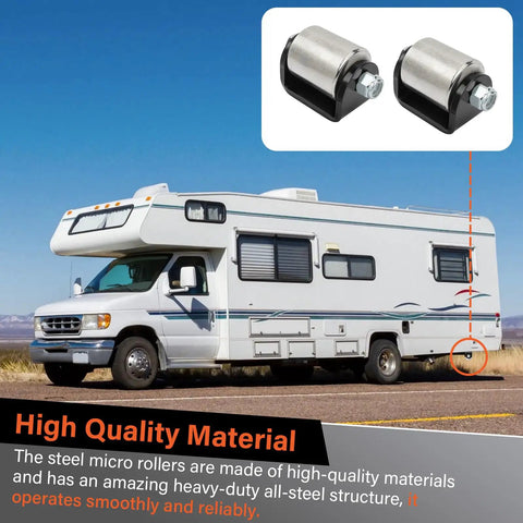 Heavy Duty Weld On Steel Micro Rollers for RV Trailers with 2 Inch Ball Bearing Design shown on motorhome