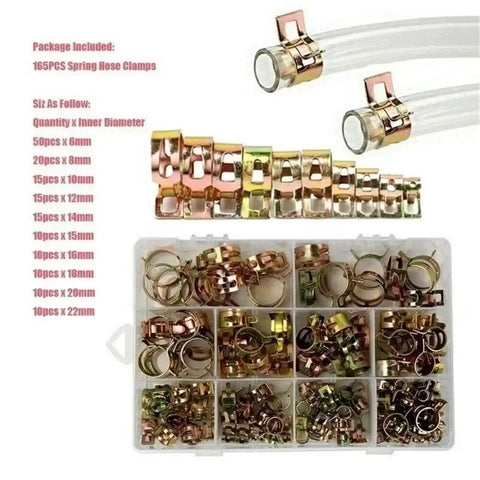 Premium 165 Piece Stepless Spring Hose Clamp Kit Ranging From 6Mm To 22Mm For Fuel Water Lines Air Tube Hoses Ultimate Fastener Assortment Set For Any Car Tune Up Or Diy Plumbing Job You Need, assorted clamps in storage box