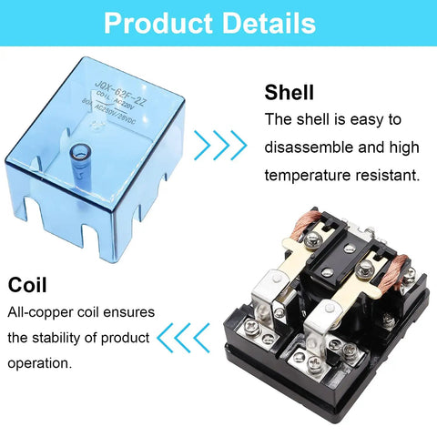 Heavy Duty Electromagnetic Relay AC 220V Coil DPDT 80A Switch showing blue shell and all-copper coil for smooth switching.