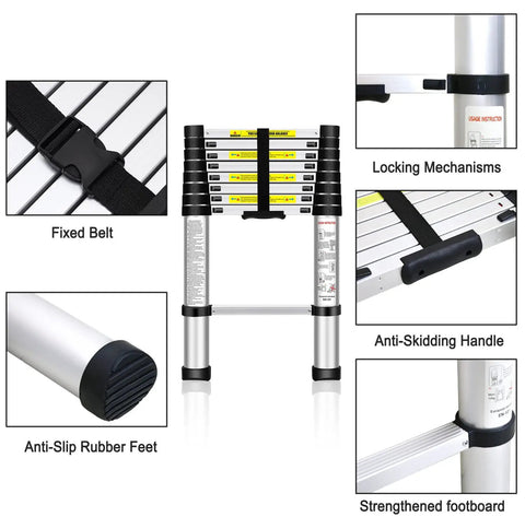 8.5ft Collapsible Telescoping Ladder With Locking Mechanism, Portable Aluminum Extension Ladder For Home And Jobsite, 330 Lbs Capacity