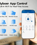 Slick Wifi Video Smart Lock With Integrated Camera And Audio Alert Hella Secure Fingerprint Keypad Setup For Zero Stress Front Door Entry Anytime At Home Or On The Go showing the Nyboer app interface.