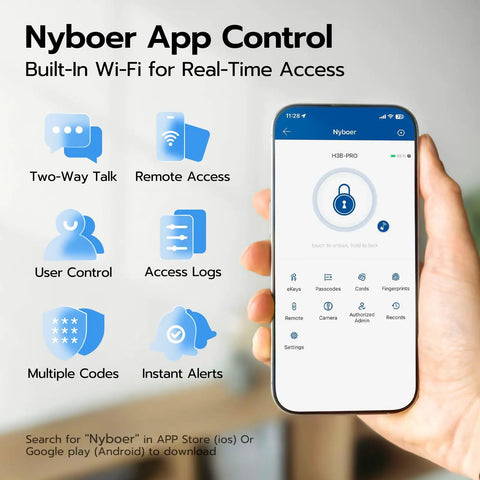 Slick Wifi Video Smart Lock With Integrated Camera And Audio Alert Hella Secure Fingerprint Keypad Setup For Zero Stress Front Door Entry Anytime At Home Or On The Go showing the Nyboer app interface.
