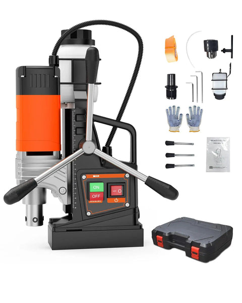 1650W Electric Magnetic Drill Press With 13-Piece Annular Cutter Kit, portable design with variable speed control, includes carrying case.