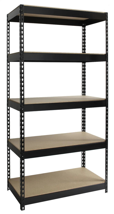Rock Solid Five Tier Riveted Steel Shelving Unit With Adjustable Shelves 3800 Lbs Capacity side view of heavy-duty black metal storage rack