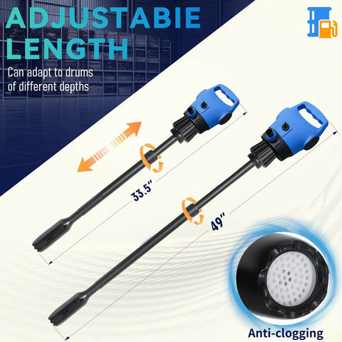Heavy Duty Electric Drum Pump Fits 55 Gallon Barrels Plug And Play AC DC Dual Power with adjustable lengths of 33.5" and 49".