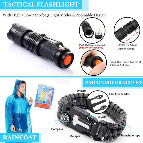 All In One 16 In 1 Waterproof Survival Kit For Camping Hiking Travel And Adventures With Tactical Flashlight and Paracord Bracelet