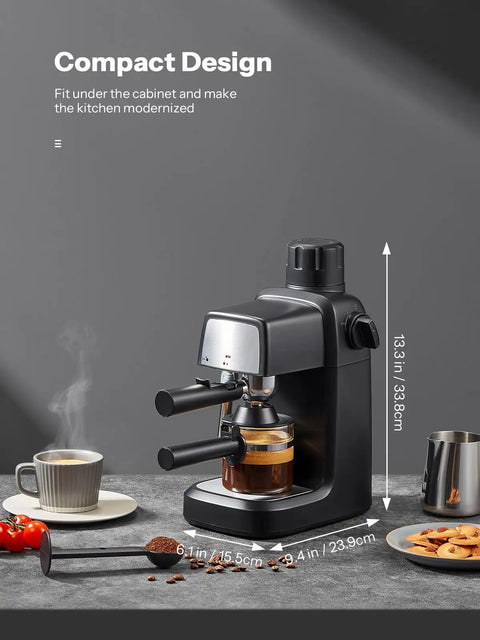 Compact 3.5 Bar Espresso Machine With 800W Power, Steam Wand, Makes 4 Cups Cappuccino And Latte in kitchen setting.