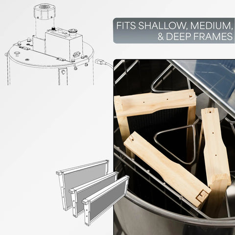 Electric Honey Extractor 8 Frame Rack With 4 Deep Frames showing stainless steel spinner and wooden frames inside