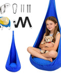 Girl sitting in blue Indoor Outdoor Sensory Pod Swing Chair For Kids And Adults 72 Inch High 32 Inch Wide Cozy Inflatable Cushion