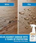Before and after using Wood Sealer Spray For Outdoor Wood Protection, 16 Oz Hydrophobic Water Repellent Finish For Decks, Fences, And Floors, No Gloss, Long Lasting, Eco Friendly, Safe For Pets And Plants, Made In USA, showing water beads on the surface.