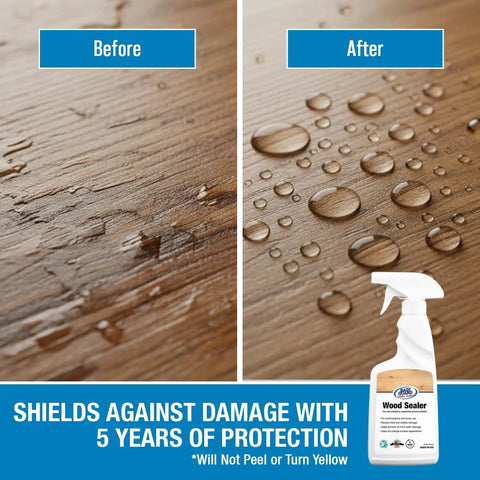 Before and after using Wood Sealer Spray For Outdoor Wood Protection, 16 Oz Hydrophobic Water Repellent Finish For Decks, Fences, And Floors, No Gloss, Long Lasting, Eco Friendly, Safe For Pets And Plants, Made In USA, showing water beads on the surface.