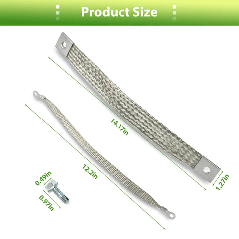 Heavy Duty Engine Ground Straps Kit With Braided Ground Wires For Battery Starter Chassis And Frame, size guide with dimensions.