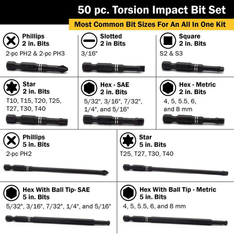 Beefy Flex Torsion Impact Bit Set, 50 Piece Kit for Drill Drivers, bit sizes and types with Phillips, square, and hex bits displayed.