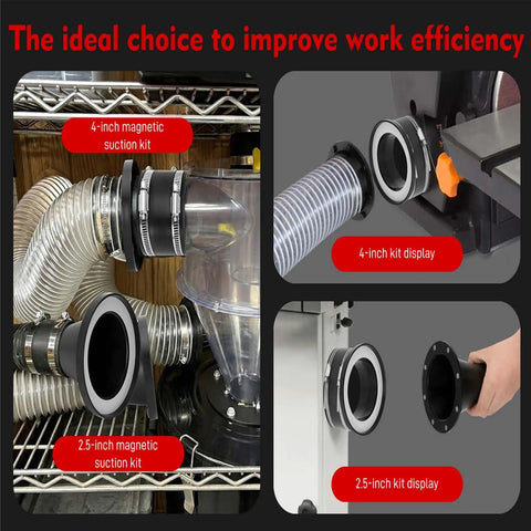 Hassle Free Magnetic Dust Collection Quick Connect Fitting System For Shop Vacuums And Woodworking Machinery With Four And Two Point Five Inch Rare Earth Adapter Kit showing 4-inch and 2.5-inch magnetic suction fittings.