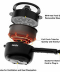 Exploded view of Mini Electric Pot With Nonstick 2L Capacity, Sauté And Steam Function showing parts and features.