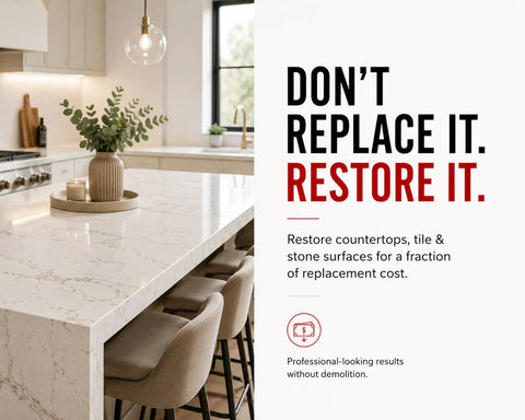 Modern kitchen with marble countertop, decorative plant, and chairs; text promoting epoxy countertop repair kit benefits.