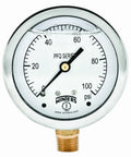 Industrial liquid filled pressure gauge with 2.5-inch dial for measuring 0-100 psi, brass internals, stainless steel case, bottom mount.