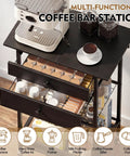 Slick Black Five Tier Coffee Cart Compact Game Changer Bar Station For Tiny Kitchens with coffee machine and organized drawers.